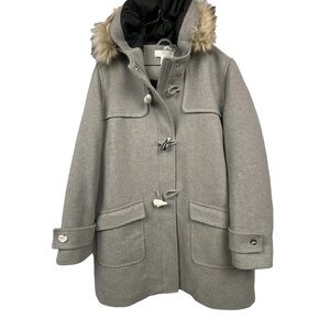 Wool Blend Hooded Duffle Coat with Faux Fur Trim - Gray